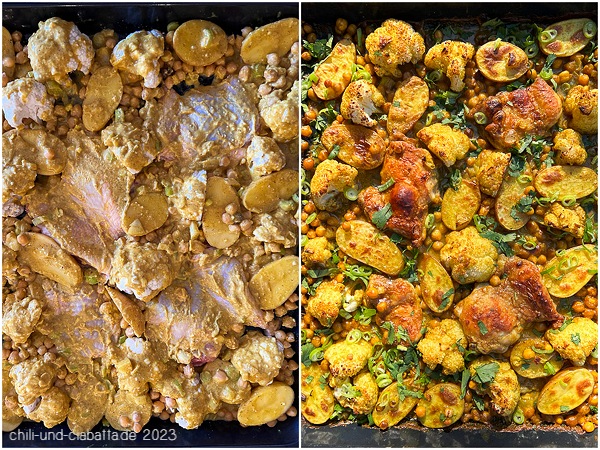 Knuspriges Hühnchen mit Blumenkohl, Kartoffeln und Kichererbsen vom Blech vorher-nachher